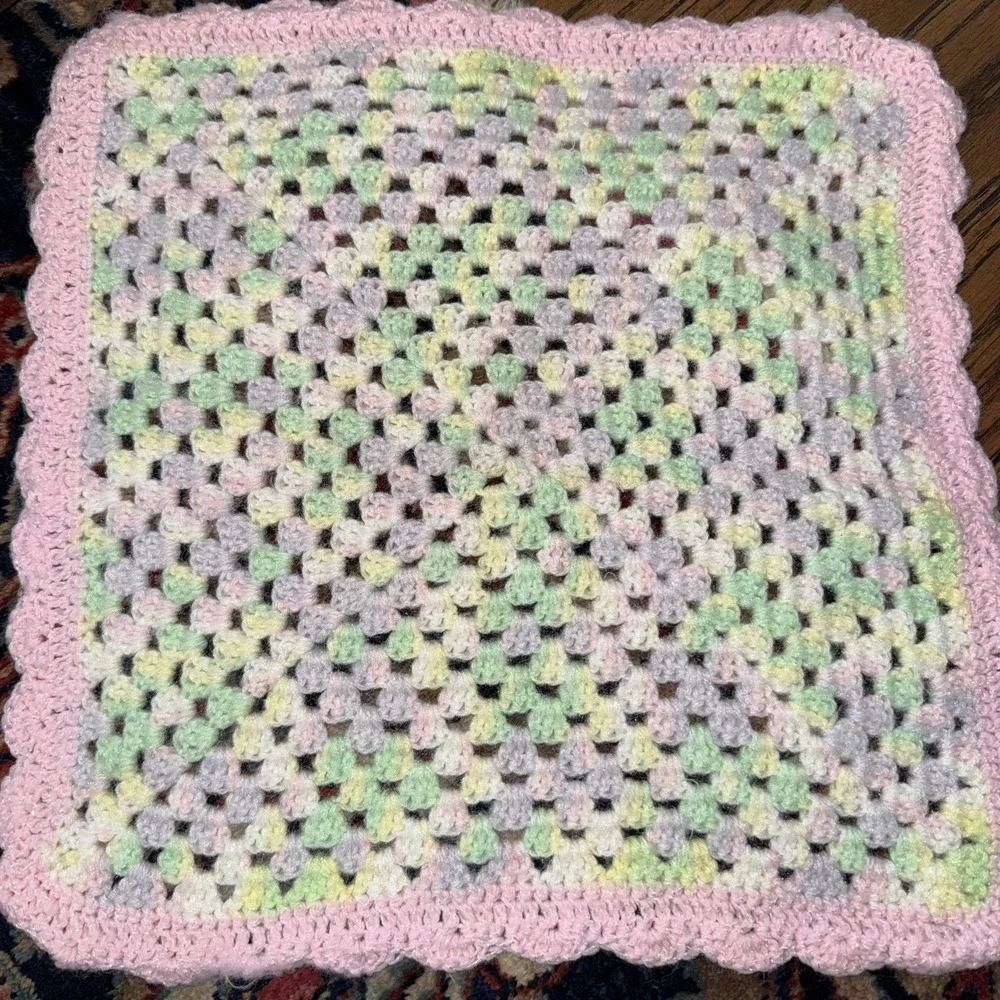 Hand Made Knit/Crochet Baby Blanket Pastel Pink Green Yellow 15
